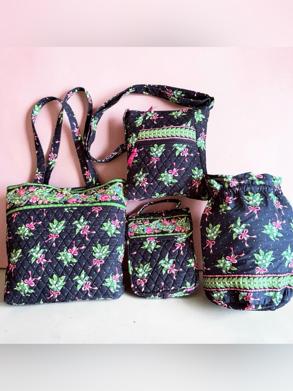 VERA BRADLEY New Hope Four Piece Bundle in Black and Green Retired Print
